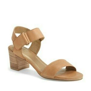 $395~STUART WEITZMAN~Nude Tan Leather Broadband Block Heel City Sandals~7/7.5